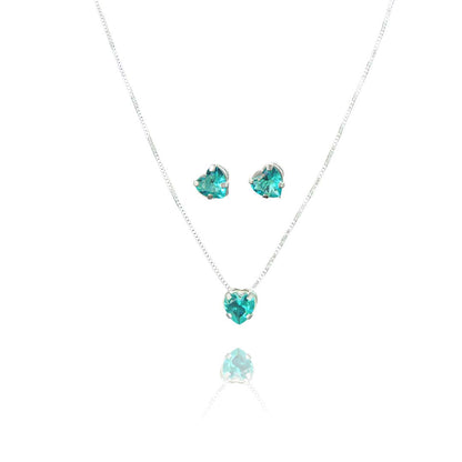 Conjunto coração com zircônia azul tiffany