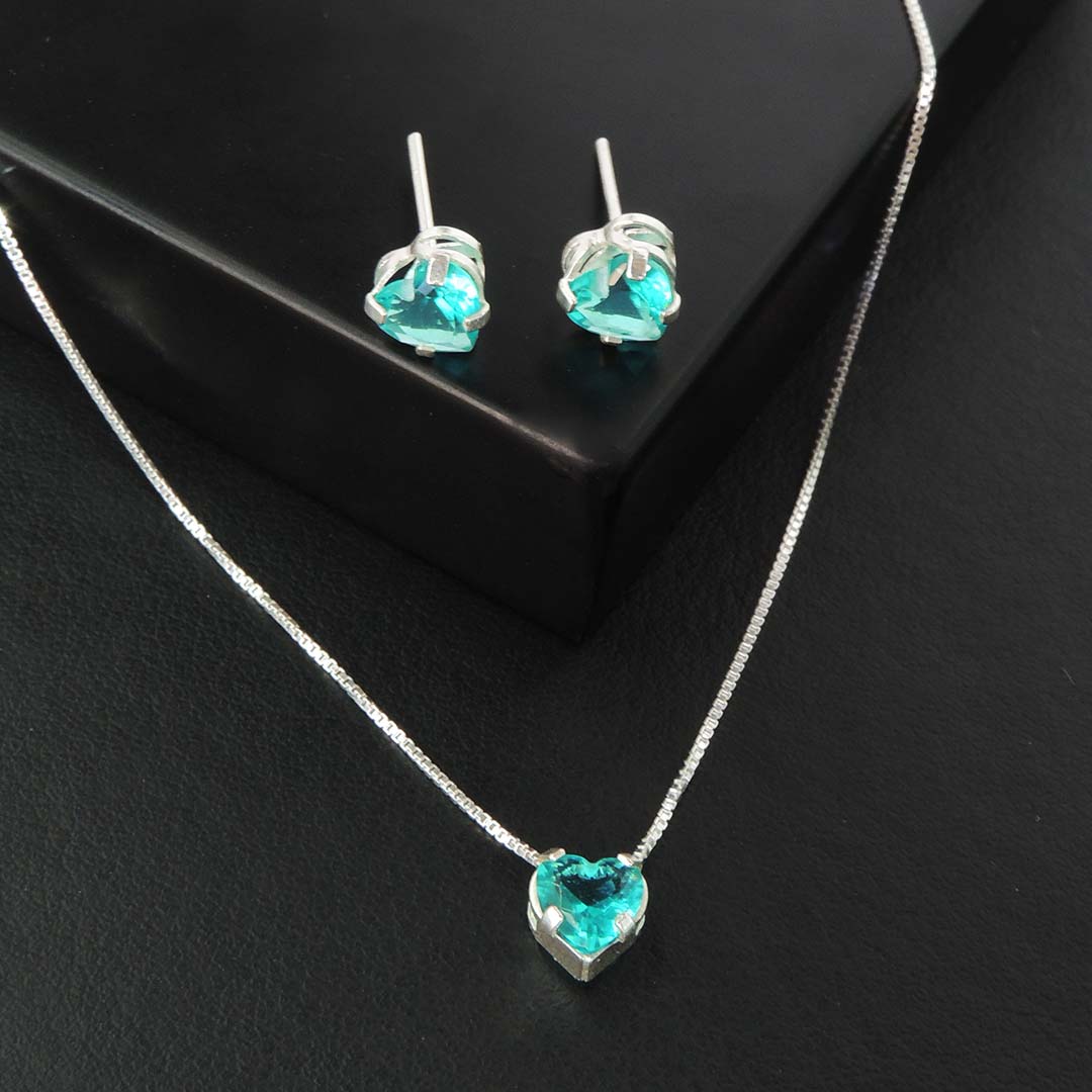 Conjunto coração com zircônia azul tiffany